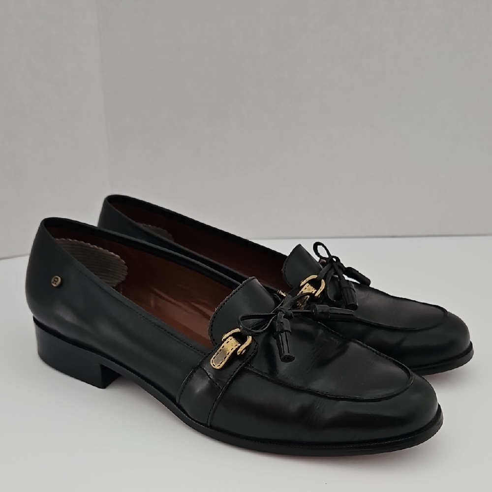 Black Leather Loafers with Gold Accents Prep Quiet Luxury Classic Size‎ 8.5W